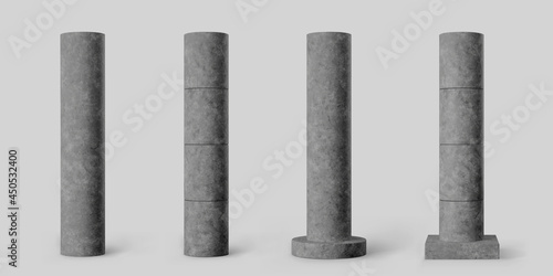 Black concrete cylindrical columns set isolated on grey background. Realistic dark cement 3d pillar for room interior or bridge construction. Vector textured concrete pole base for banner or billboard