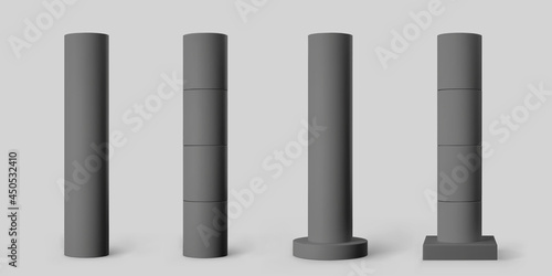 Base black cylindrical columns set isolated on grey background. Realistic 3d pillar for modern room interior or bridge construction. Vector render pole base for banner or billboard