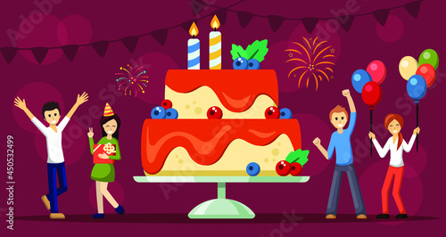 Birthday party with huge cake illustration. Cheerful people with balls happily waving hands girl in striped cap having fun with gift giant dessert with candles in center. Vector cartoon holiday.