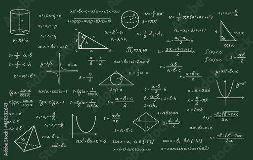 Complex math calculations with chalk green chalkboard illustration. Trigonometric formulas with algebraic computation with geometric drawings basic equations and theorem. Vector university.