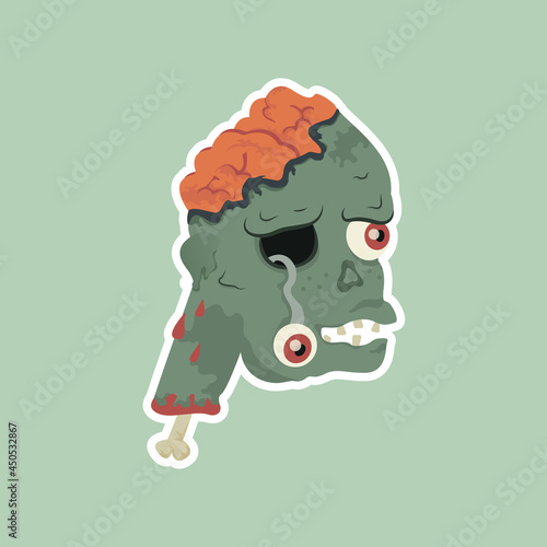 Vector illustration of a zombie head and brains. Hand drawn cartoon undead sticker for halloween, logo, icon, banner, poster.