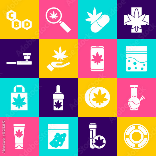 Set Ashtray, Glass bong for smoking marijuana, Plastic bag of cannabis, Medical pills with, Marijuana leaf, Smoking pipe, Cannabis molecule and Mobile and icon. Vector