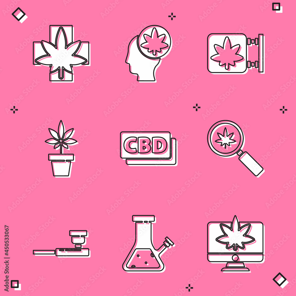 Set Medical marijuana or cannabis leaf, Head with, Marijuana and store, plant, Cannabis molecule, Magnifying glass, Smoking pipe and Glass bong for smoking icon. Vector Set Medical marijuana or cannabis leaf, Head with, Marijuana and store, plant, Cannabis molecule, Magnifying glass, Smoking pipe and Glass bong for smoking icon. Vector