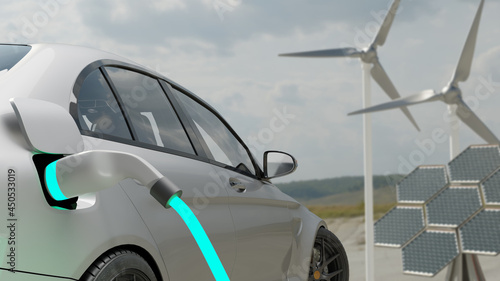 Car charging on the background of a windmills and solar panels. Charging electric car. Electric car charging on wind turbines background. Vehicles using renewable energy. 3d visualization