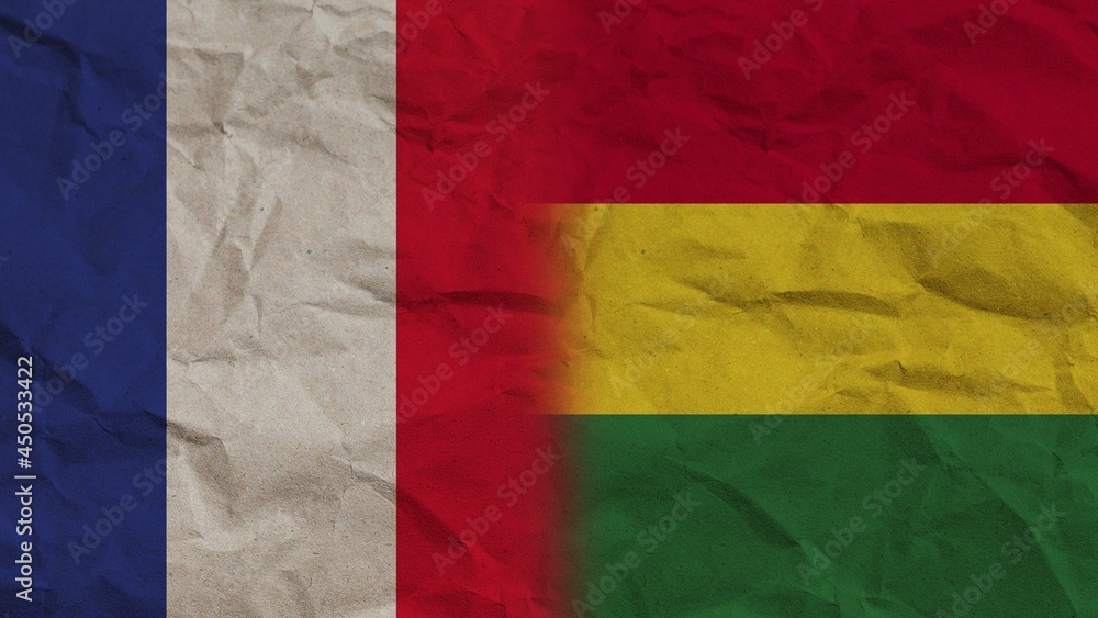 Obraz premium Bolivia and France Flags Together, Crumpled Paper Effect Background 3D Illustration