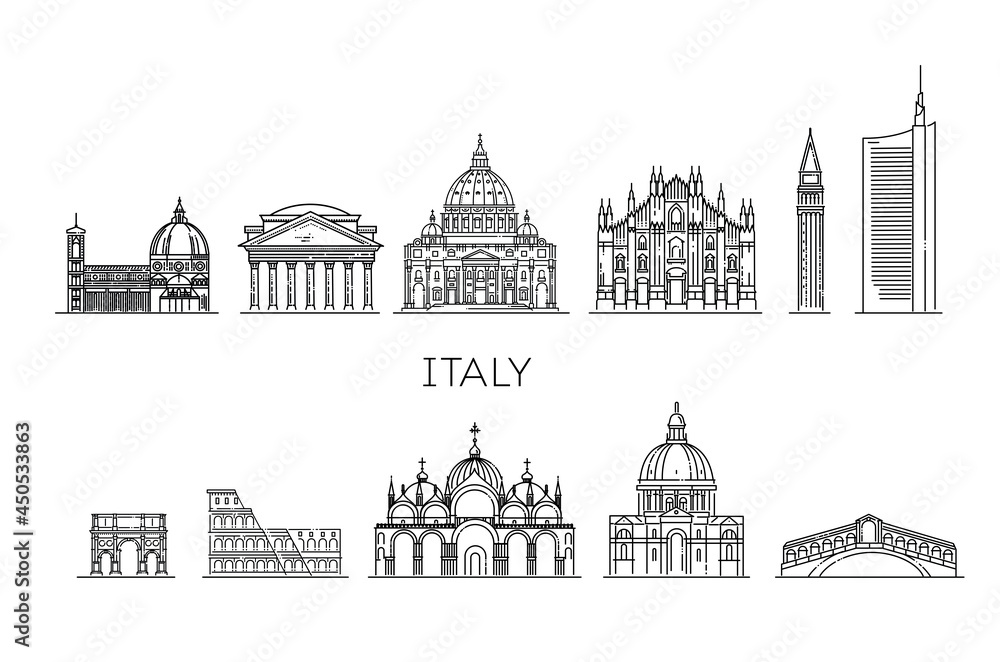 Tourist attractions of Italy. Historic buildings from the streets of Italy, outline.