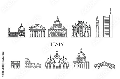 Tourist attractions of Italy. Historic buildings from the streets of Italy, outline.