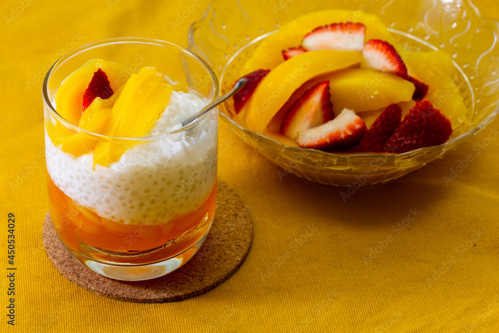 Sweet tapioca pudding with fresh mango and strawberry Sweet tapioca pudding with fresh mango and strawberry