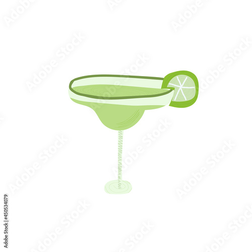Hand drawn vector illustration of margarita cocktail with lime. Isolated on white background.