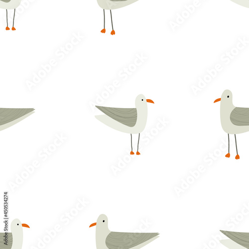 Hand drawn illustration of funny cute seagull seamless pattern. Nautical, sea theme for backgrounds, backdrops, fabrics and wrapping paper.