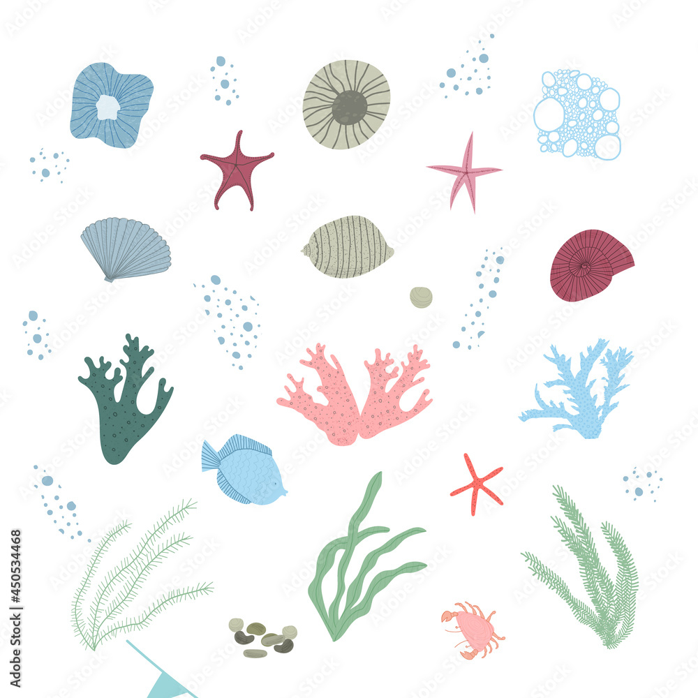 Hand drawn vector illustration of set with under water sea animals and plants set items like seashells, seaweed, kelp, fish, starfish, crab. Card, invitation, banner, template elements. Hand drawn vector illustration of set with under water sea animals and plants set items like seashells, seaweed, kelp, fish, starfish, crab. Card, invitation, banner, template elements.