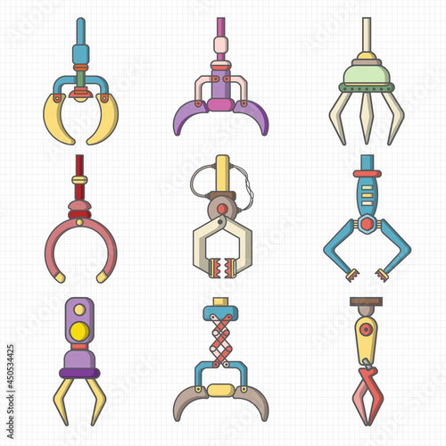 Robotic Claw cute flat line icon set on gray grid and white background. Grip robotic claw in factory. Cartoon concept Vector illustration of the claw game device. filled line.