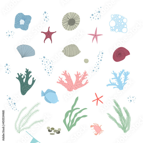 Hand drawn vector illustration of set with under water sea animals and plants set items like seashells, seaweed, kelp, fish, starfish, crab. Card, invitation, banner, template elements.