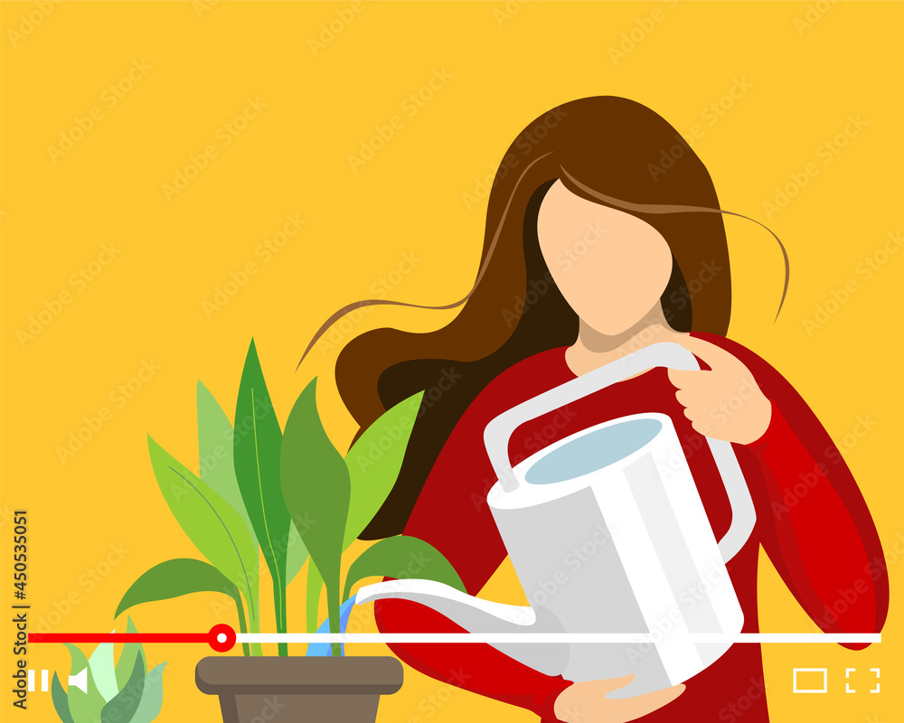Blogger woman houseplant care on online video player interface. Female housewife watering plant in pot web streaming. Grow indoor plants live stream tutorial. Influencer broadcast vlogger channel. Eps Blogger woman houseplant care on online video player interface. Female housewife watering plant in pot web streaming. Grow indoor plants live stream tutorial. Influencer broadcast vlogger channel. Eps
