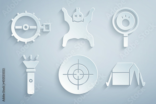 Set Target sport, Paw search, Flashlight, Tourist tent, Bear skin and Trap hunting icon. Vector