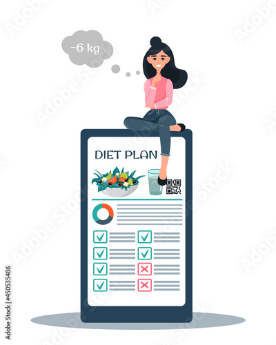 A phone with a diet plan app. A tiny girl follows a diet for weight loss with healthy food, vegetables and fruits. Healthy lifestyle, diet, weight loss. Nutritionist online. Vector illustration.