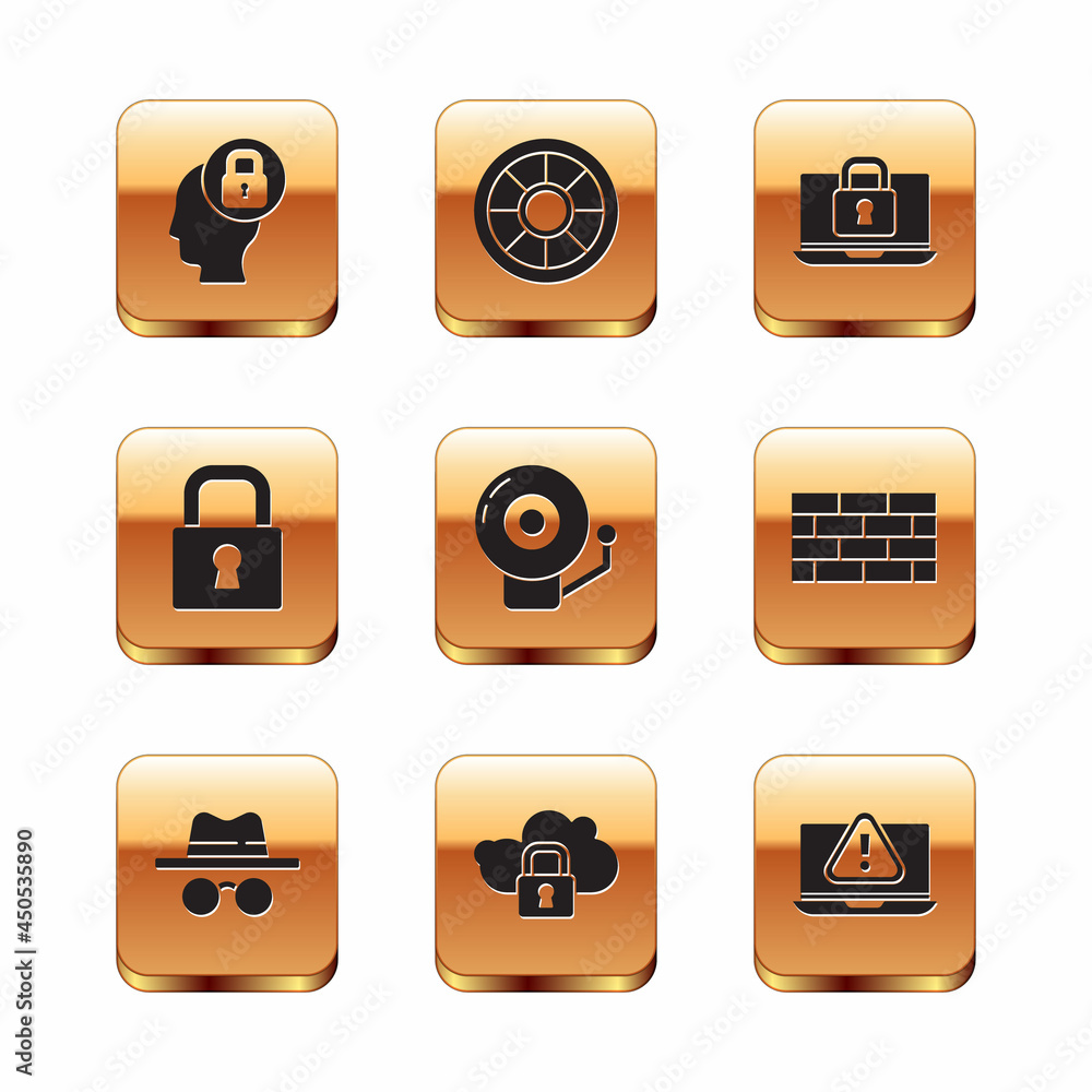 Set Human head with lock, Incognito mode, Cloud computing, Ringing alarm bell, Lock, Laptop and, exclamation mark and Safe icon. Vector Set Human head with lock, Incognito mode, Cloud computing, Ringing alarm bell, Lock, Laptop and, exclamation mark and Safe icon. Vector