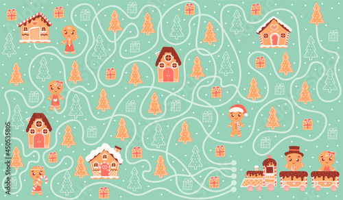 Printable maze riddle for kids, help to find right way train with gifts to gingerbread house, board game for christmas or new year holiday in cartoon style, sweet cookie cozy winter village