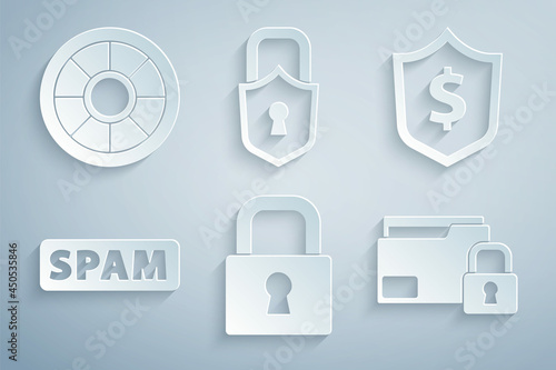 Set Lock, Shield with dollar, Spam, Folder and lock, and Safe icon. Vector