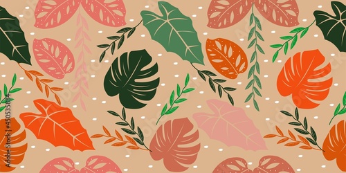 Pink seamless pattern design with monstera leaf, perfect for wall, fabric and carpet backgrounds