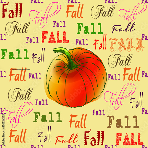 Fall autumn orange,green, yellow, red pumpkins on orange background pattern. Thanksgiving holidays, fabric, textile. Seamless repeat swatch. Outline pumpkins textiles, banners, wallpapers, wrapping de