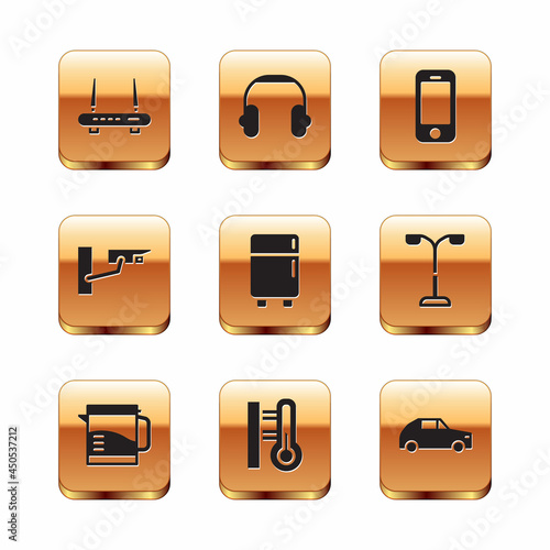 Set Router and wi-fi signal, Electric kettle, Meteorology thermometer, Refrigerator, Security camera, Smartphone, Car and Headphones icon. Vector