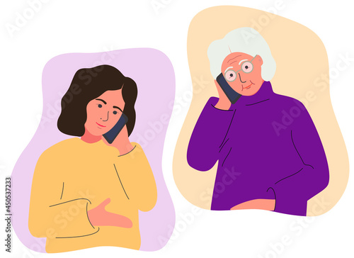 The female character communicates with her elderly mother or grandmother on her cell phone. Family correspondence conversation, dialogue. Family relationships. Trendy flat vector illustration.