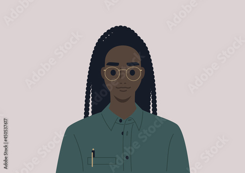 A young female Black character wearing a button down shirt and metal frames, a smart casual office dress code