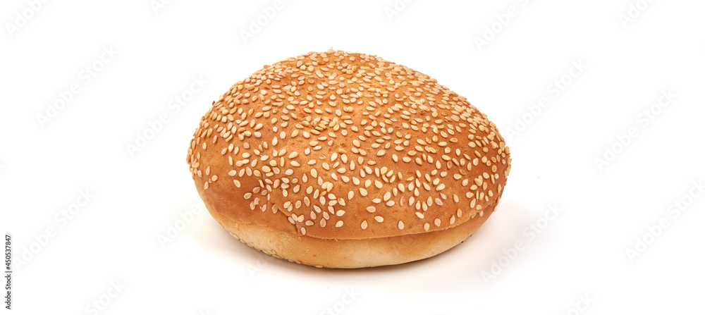 Hamburger bun with sesame seeds, isolated on white background. Hamburger bun with sesame seeds, isolated on white background.