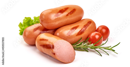 Grilled sausages, isolated on white background.