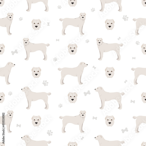 Central asian shepherd seamless pattern. Different poses  coat colors set