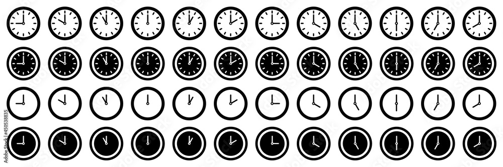Set of time and clock icons. Analog clock, notifying each hour. Business watch. Speed time icon. Vector. Set of time and clock icons. Analog clock, notifying each hour. Business watch. Speed time icon. Vector.