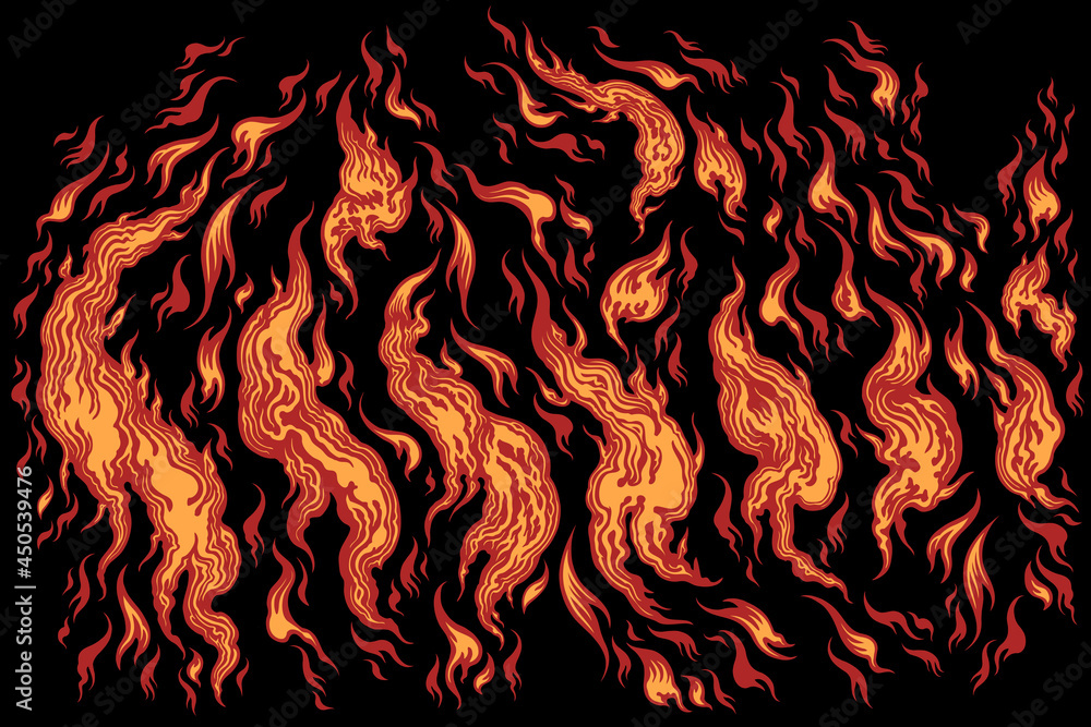 Flames. Editable hand drawn illustration. Vector engraving. Isolated on black background. 8 EPS