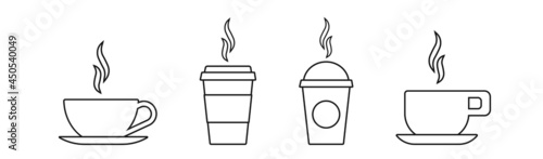 Hot drink icon set. Hot coffee paper cup, hot tea cup, isolated vector linear illustration