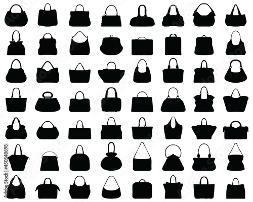 Black silhouettes of different women's handbags on a white background 