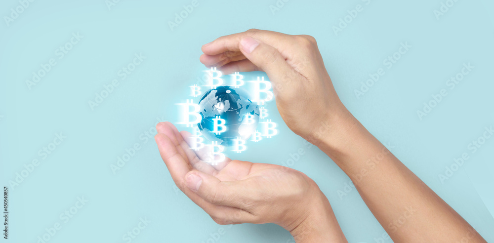 Hands showing bitcoin icon as virtual money digital Hands showing bitcoin icon as virtual money digital
