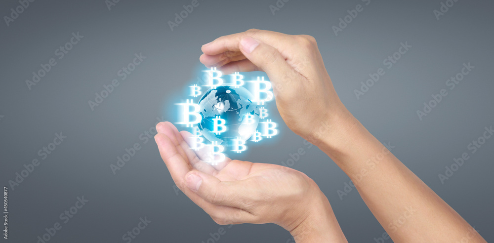 Hands showing bitcoin icon as virtual money digital Hands showing bitcoin icon as virtual money digital