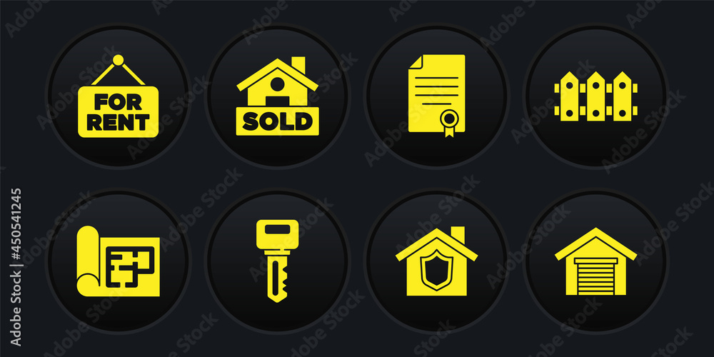 Set House plan, Garden fence wooden, key, with shield, contract, Hanging sign text Sold, Garage and For Rent icon. Vector Set House plan, Garden fence wooden, key, with shield, contract, Hanging sign text Sold, Garage and For Rent icon. Vector