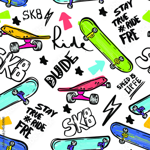 skateboard pattern. Seamless bright abstract pattern with skateboard. Prints for T-shirts, textiles, clothes, sports, and more