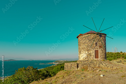 windmill , historical mills in cunda island of turkey