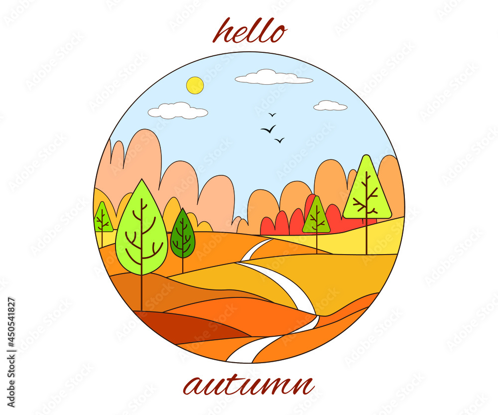 Fototapeta premium Hello autumn round postcard with autumn landscape