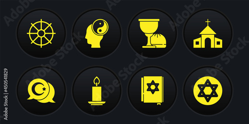 Set Star and crescent, Church building, Burning candle, Jewish torah book, Holy grail chalice, Yin Yang, of David and Dharma wheel icon. Vector