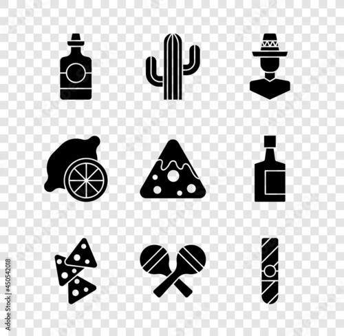 Set Tequila bottle, Cactus, Mexican man sombrero, Nachos, Maracas, Cigar, Lemon and icon. Vector