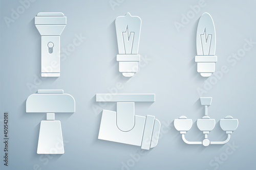 Set Led track lights and lamps, Light bulb, Table, Chandelier, and Flashlight icon. Vector