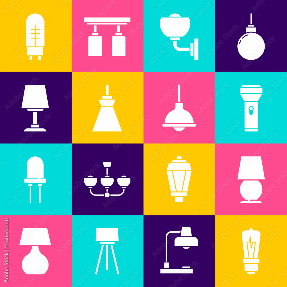 Set Light bulb, Table lamp, Flashlight, Wall or sconce, Lamp hanging, emitting diode and icon. Vector Set Light bulb, Table lamp, Flashlight, Wall or sconce, Lamp hanging, emitting diode and icon. Vector