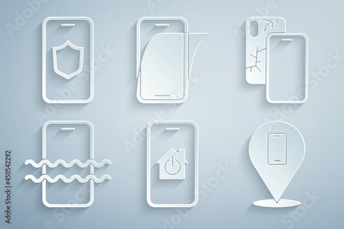 Set Mobile with smart home  broken screen  Waterproof phone  Phone repair service  Glass protector and shield icon. Vector