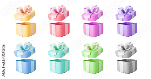 3d color open gift boxes set with pastel ribbon bow isolated on a white background. 3d render flying modern holiday open surprise box. Realistic vector icon for present, birthday or wedding banners