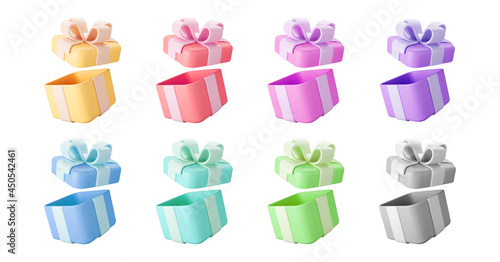 3d color open gift boxes set with pastel ribbon bow isolated on a white background. 3d render flying modern holiday open surprise box. Realistic vector icon for present, birthday or wedding banners