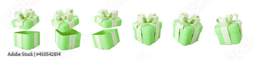 3d green gift boxes open and closed set with pastel ribbon bow isolated on a white background. 3d render flying modern holiday surprise box. Realistic vector icon for birthday or wedding banners