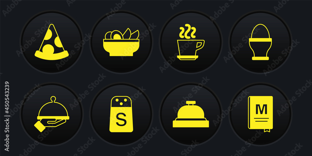 Set Covered with tray of food, Chicken egg on stand, Salt, Hotel service bell, Coffee cup, Nachos in plate, Restaurant cafe menu and Slice pizza icon. Vector Set Covered with tray of food, Chicken egg on stand, Salt, Hotel service bell, Coffee cup, Nachos in plate, Restaurant cafe menu and Slice pizza icon. Vector